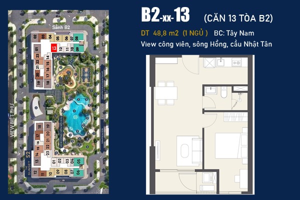 LAYOUT CĂN 13 TÒA B2 (1 NGỦ / 48,8 m2) BC: TÂY BẮC